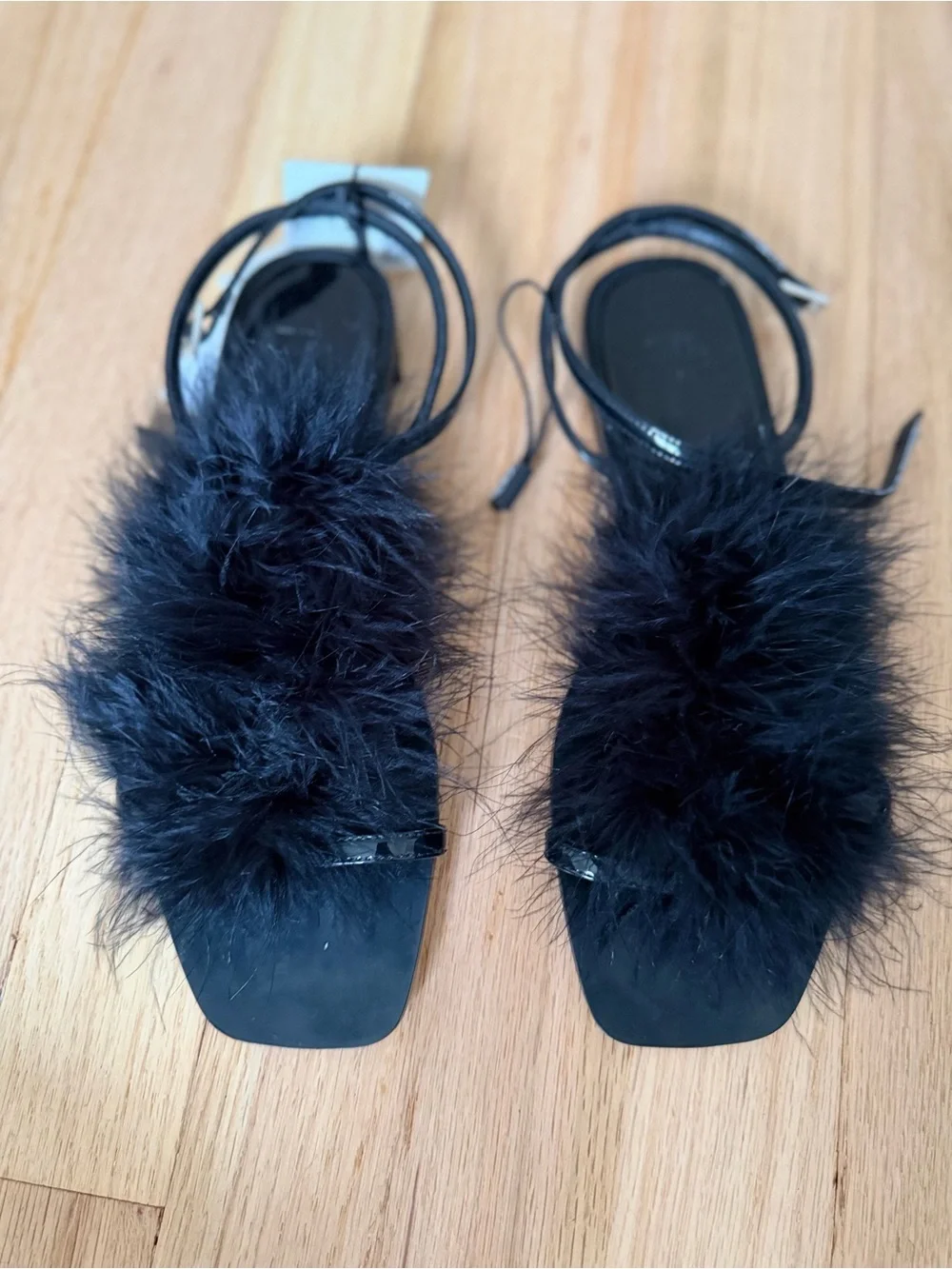 Zara Black Feather-Trim Strappy Sandals - Picture 2 of 6